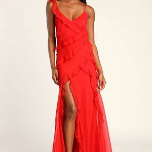 Tier Desire Red Tiered Ruffled Lace-Up Maxi Dress